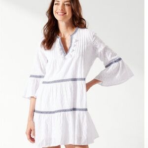 Tommy Bahama White Cotton Clip Tiered Dress Cover-Up with Blue Accents